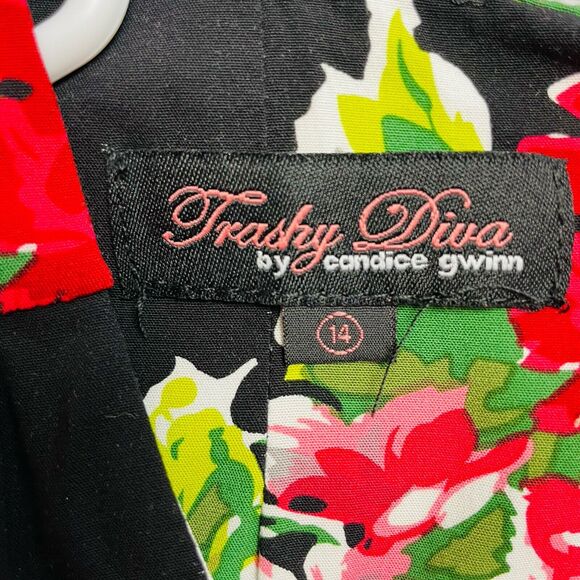 Trashy Diva Pinup Dress Womens 14 Floral Retro Deck of Cards Ace Queen of Hearts - Picture 4 of 10